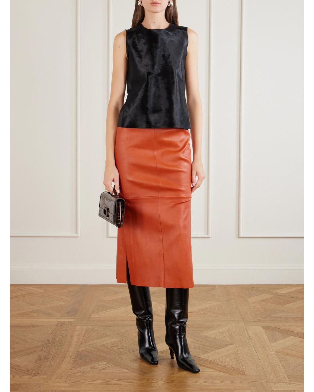 Stouls Orange Winona Leather Midi Skirt