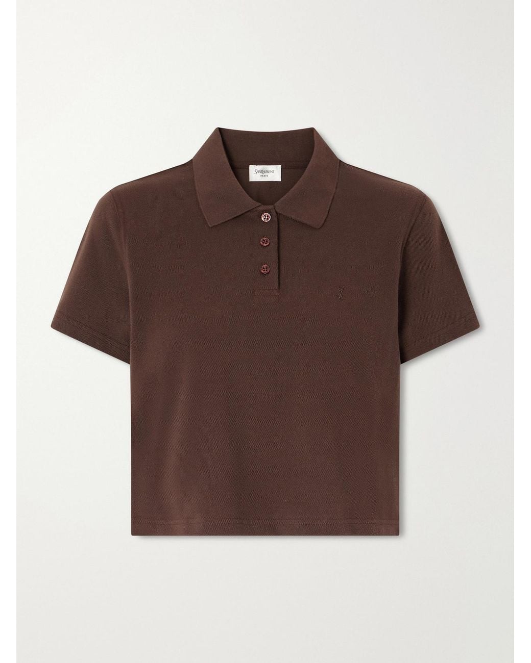 Saint Laurent Brown Cassandre-Embroidered Cropped Cotton-Piqué Polo Shirt