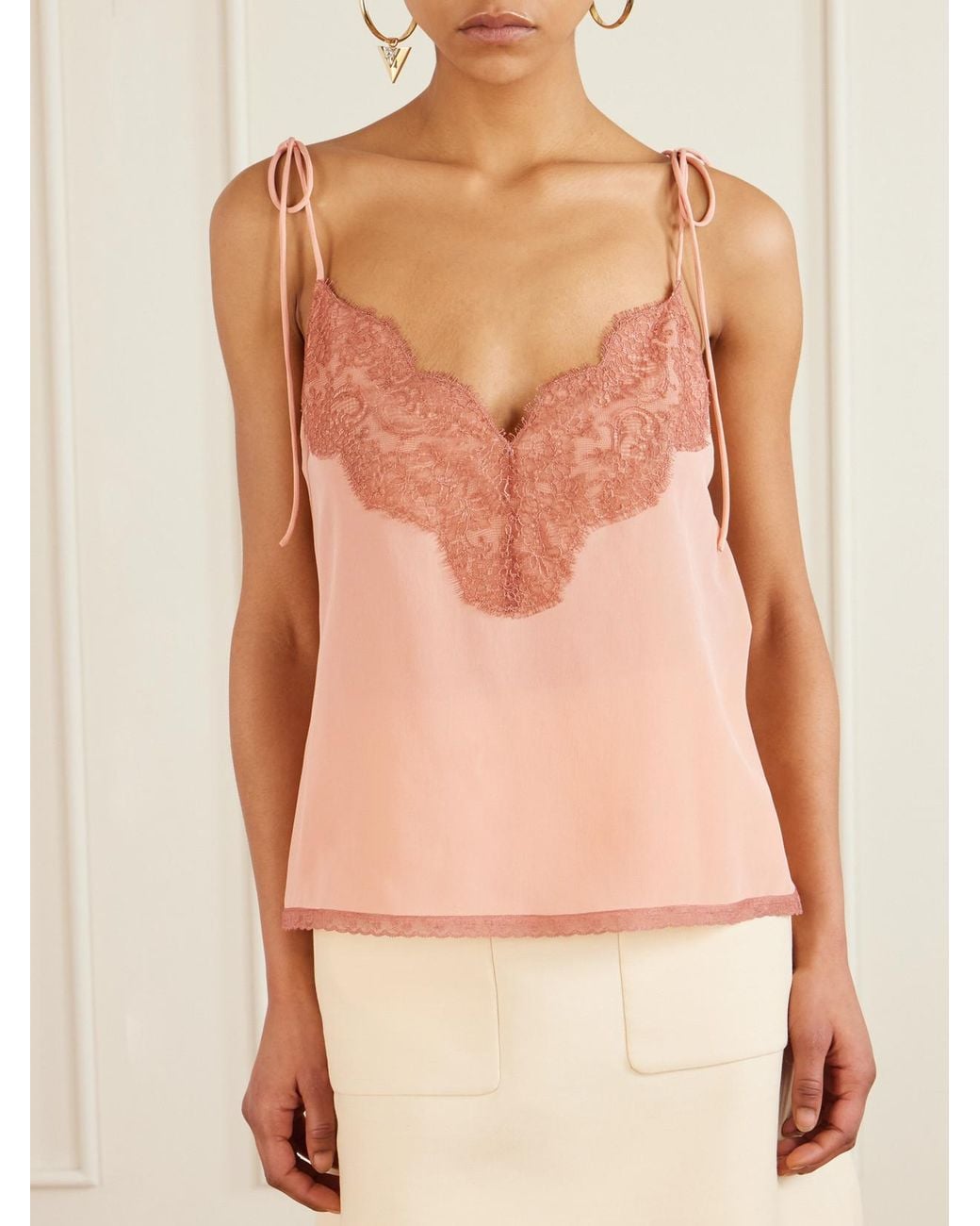 Valentino Garavani Pink Lace-Trimmed Silk Crepe De Chine Camisole
