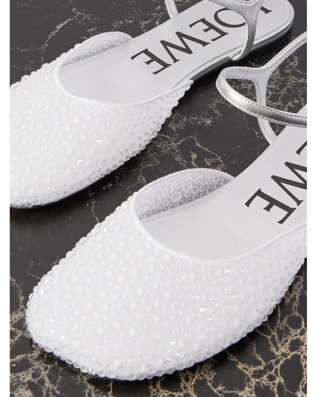 Loewe White Crystal-Embellished Leather And Mesh Ballet Flats