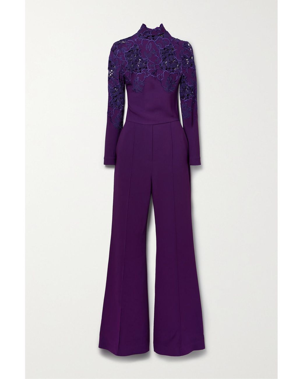 Elie Saab Lace trimmed Embroidered Crepe Jumpsuit in Purple