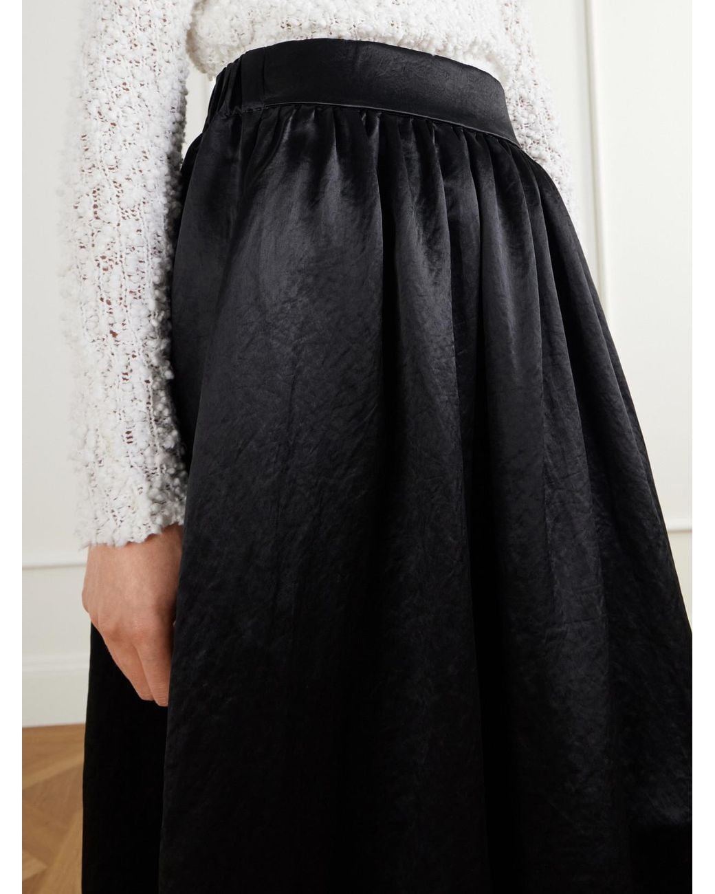 Maria McManus Black Gathered Lace-Trimmed Crinkled Satin Midi Skirt