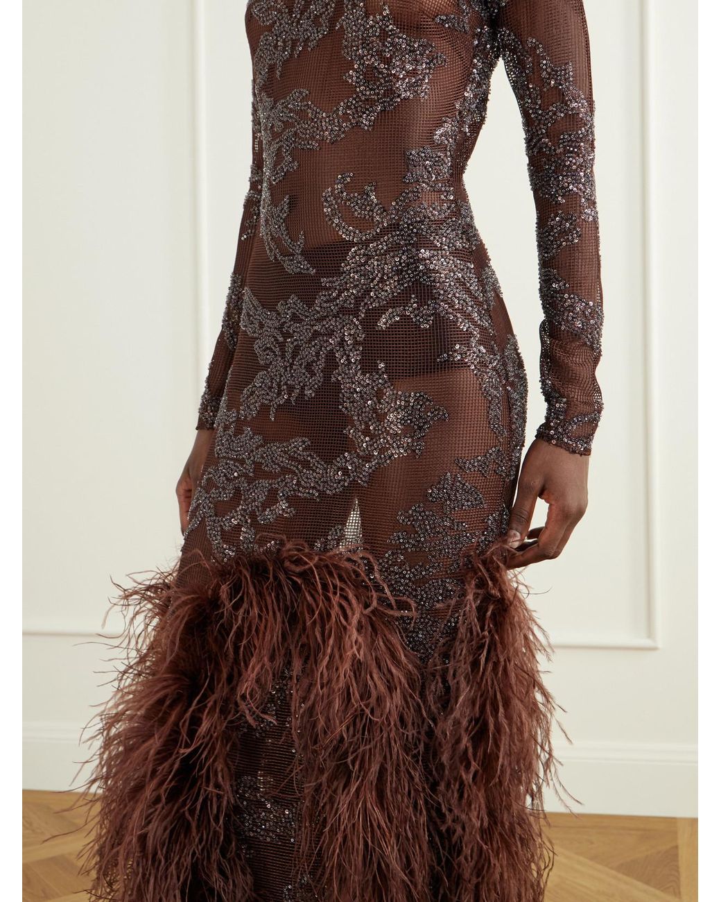 Ilkyaz Ozel Brown Byblos Feather-Trimmed Sequin-Embellished Mesh Gown