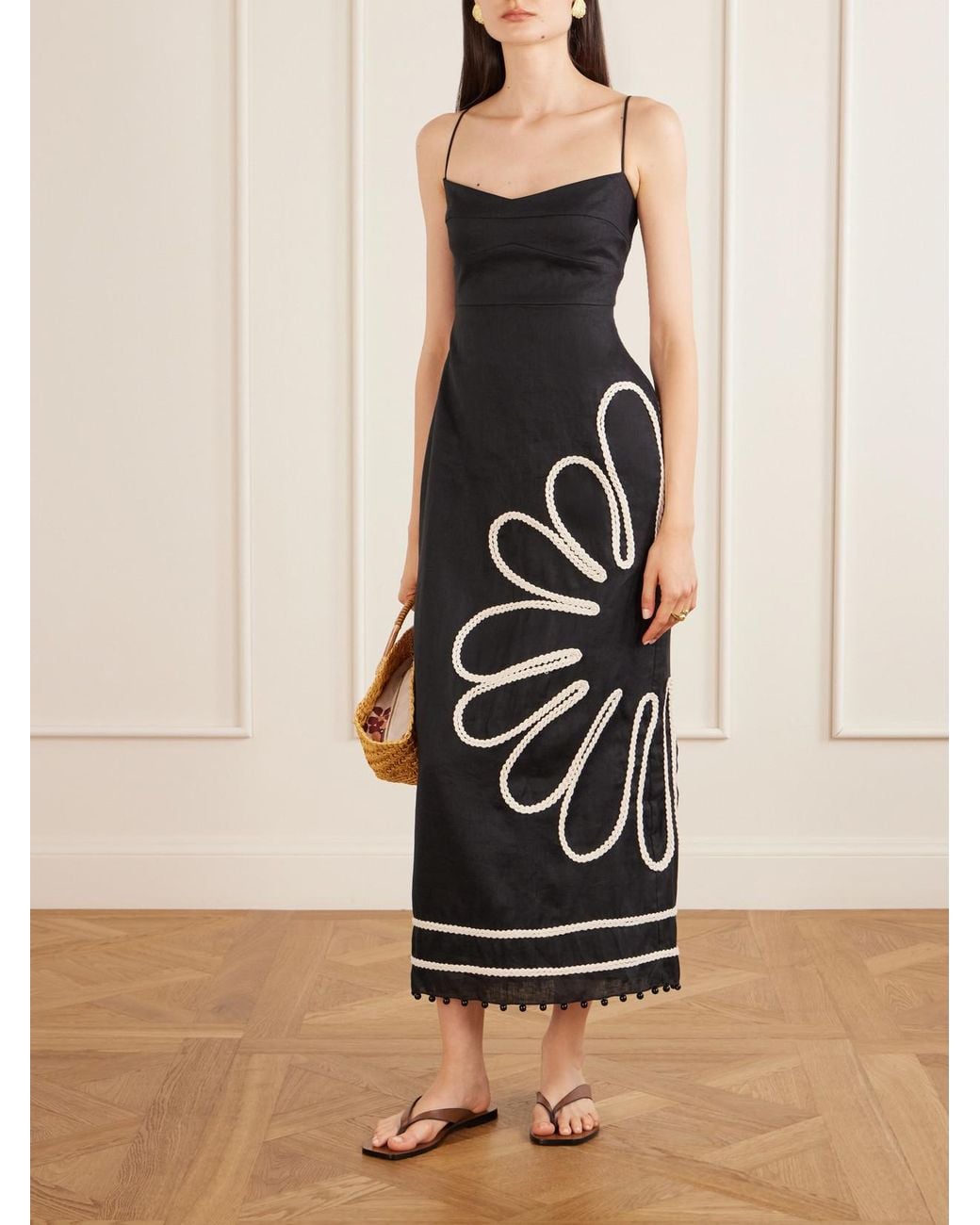 Cala De La Cruz White Paloma Bead-Embellsihed Embroidered Linen Midi Dress
