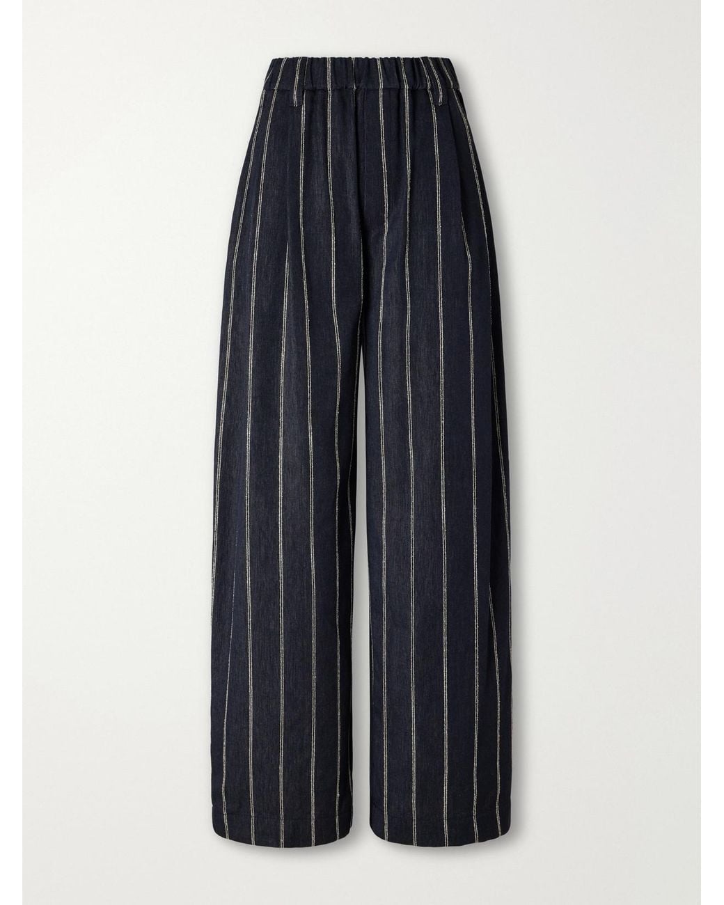 Brunello Cucinelli Blue Pleated Pinstriped Cotton-Blend Twill Wide-Leg Pants