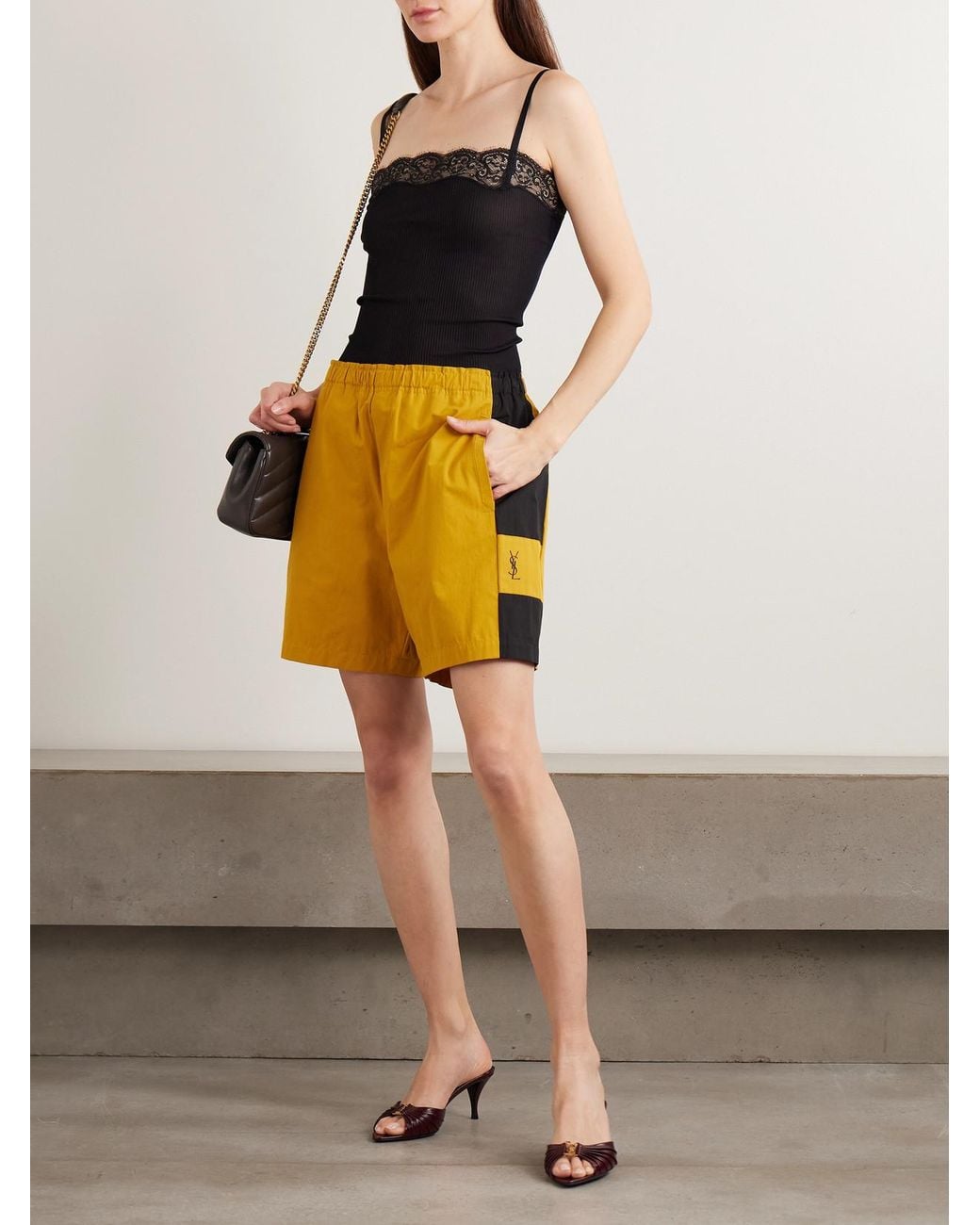 Saint Laurent Yellow Embroidered Two-Tone Cotton-Twill Shorts
