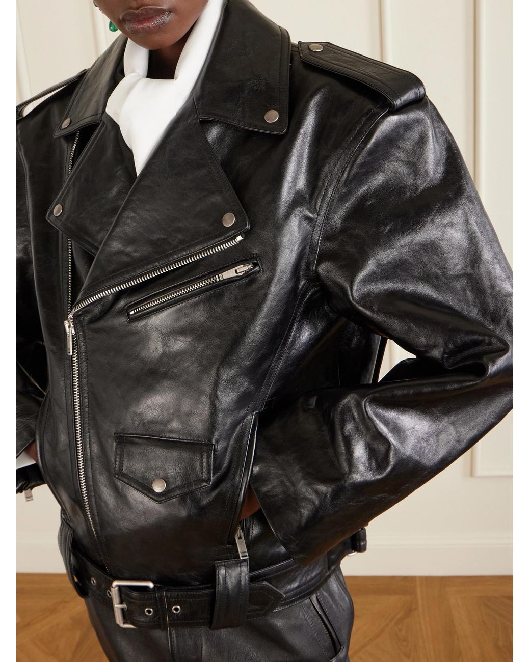 Saint Laurent Black Glossed Textured-Leather Biker Jacket