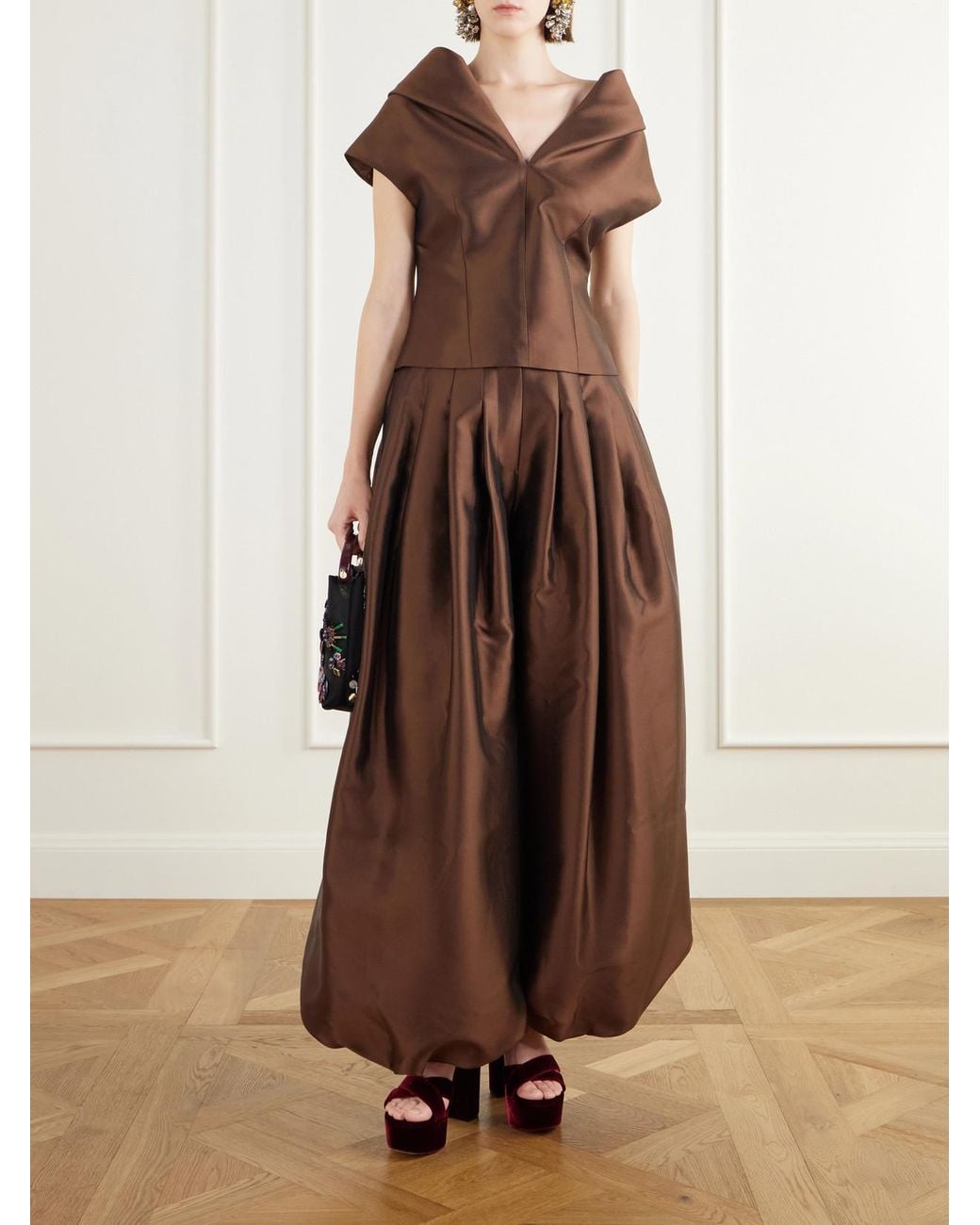 Christopher John Rogers Brown Pleated Silk And Wool-Blend Satin Wide-Leg Pants