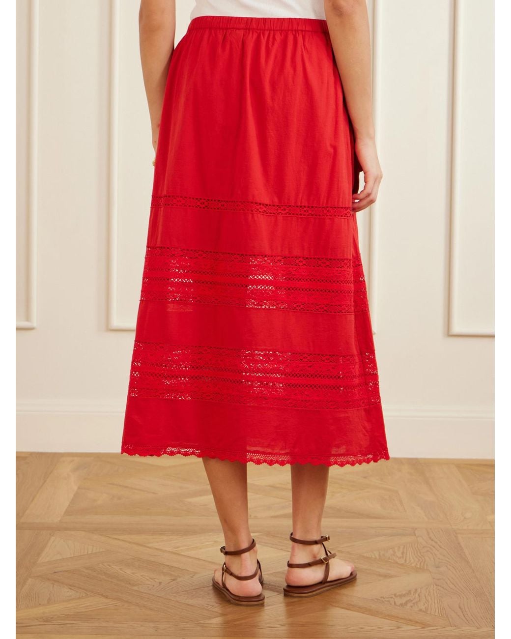 Sea Red Pippa Lace-Trimmed Cotton Midi Skirt
