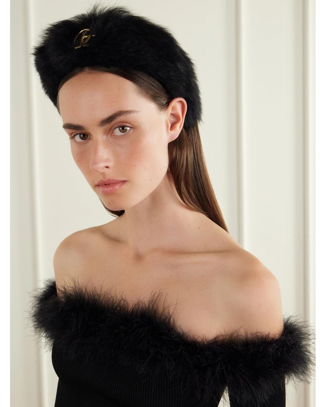 Gucci Black Gg-Appliqué Shearling Headband