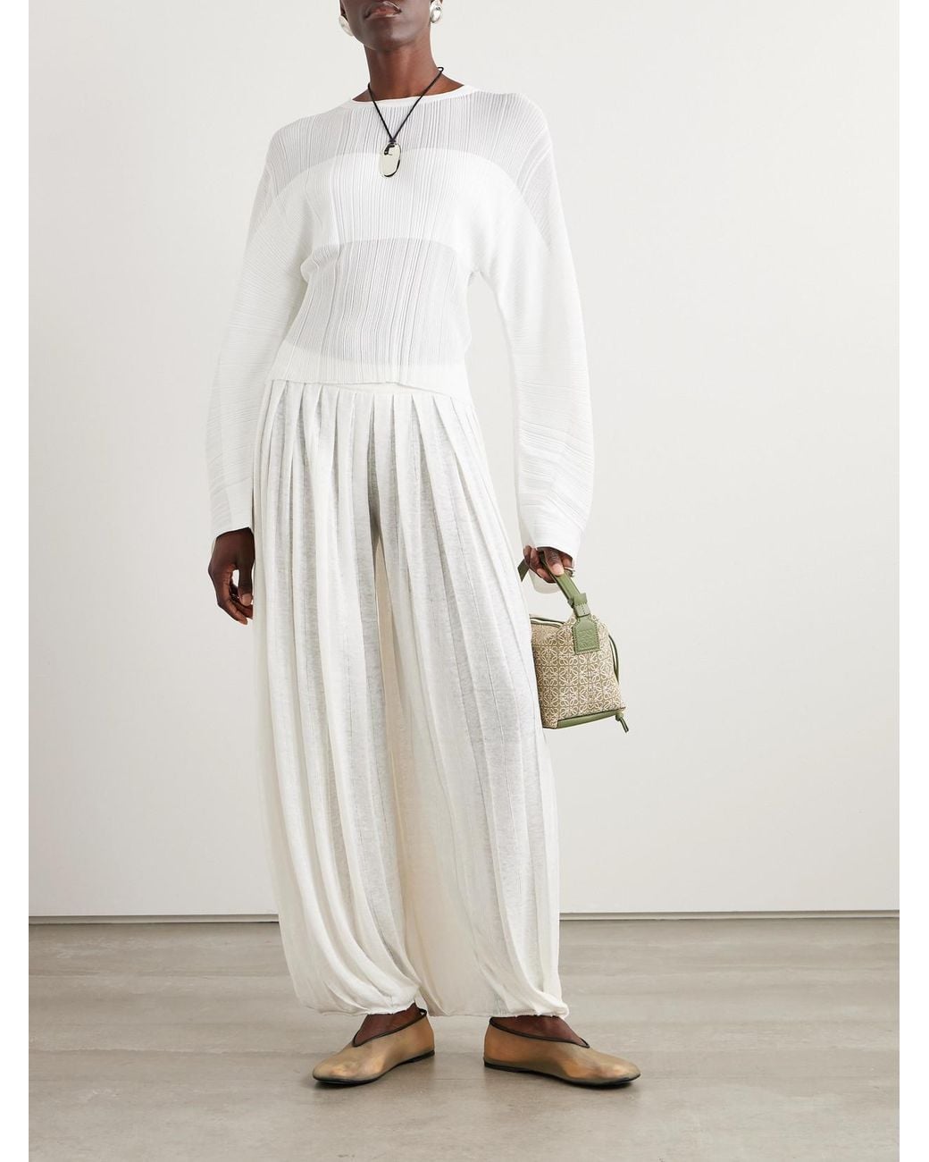 Loro Piana White Balloon Pleated Linen Pants