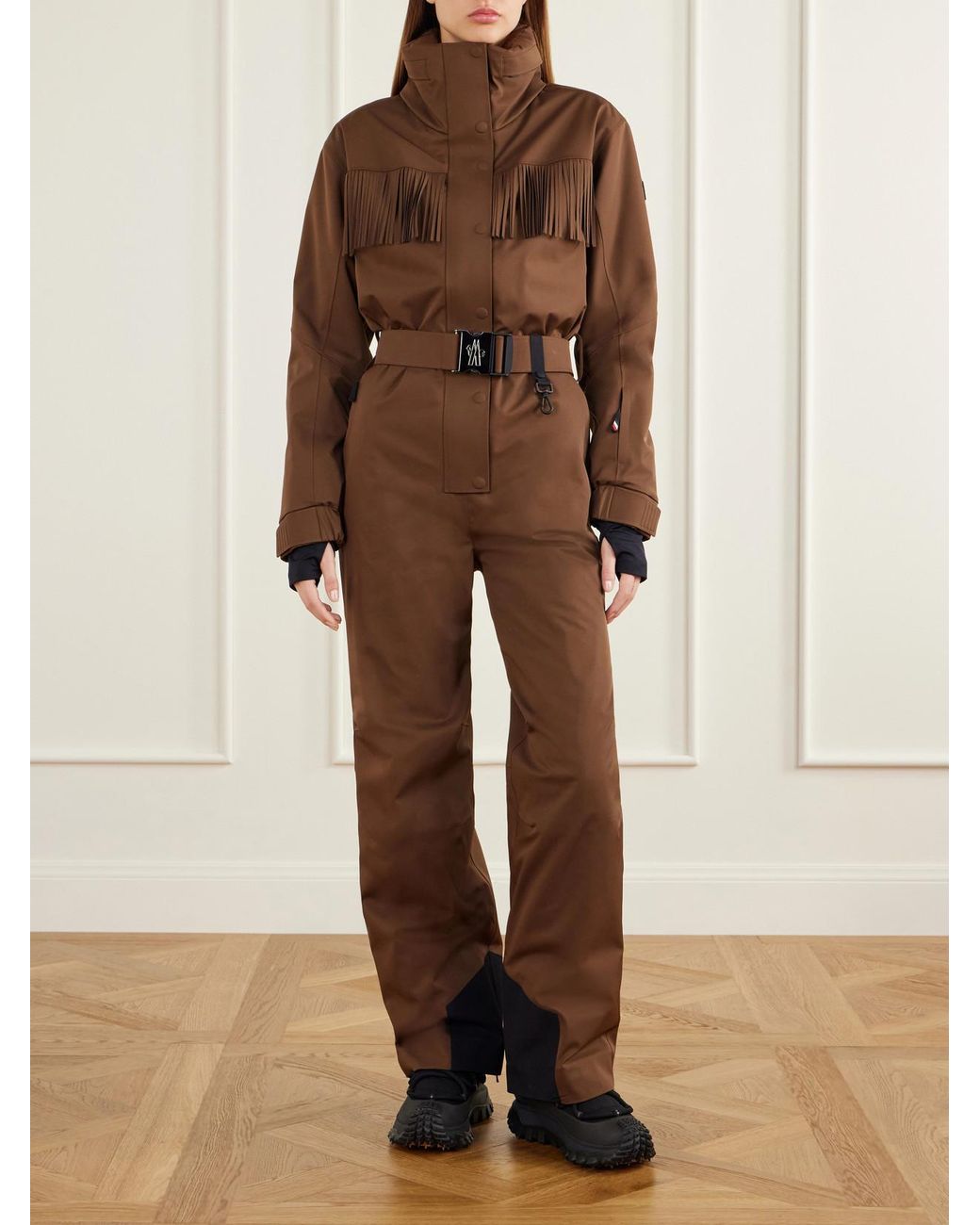 Moncler Brown Fringe-Trimmed Belted Tech-Poplin Ski Jacket