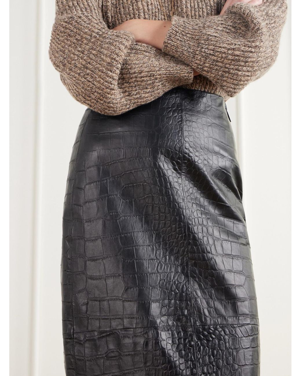 Arma Black Meeka Paneled Croc-Effect Leather Midi Skirt