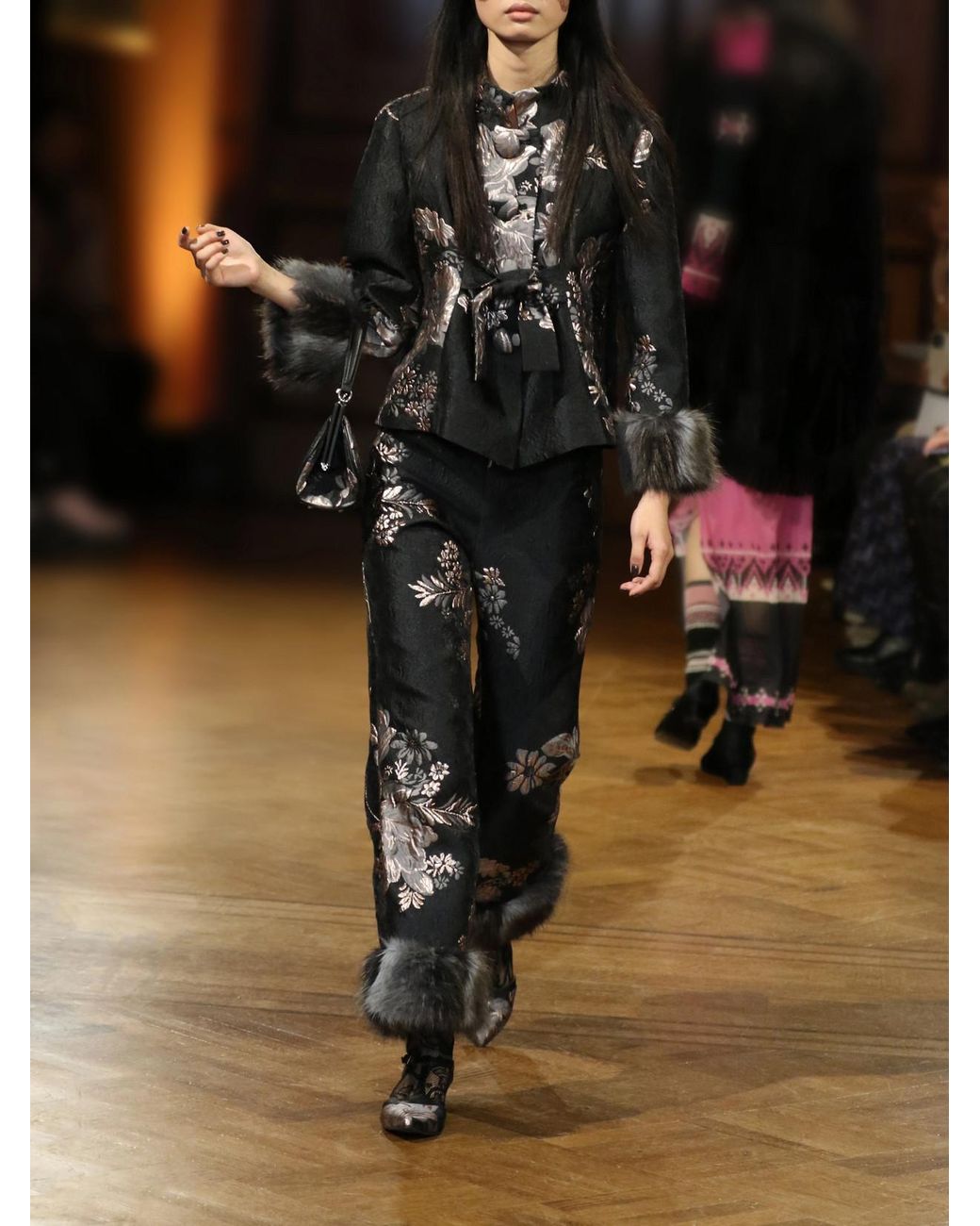 Anna Sui Black Plush-Trimmed Arcadia Brocade Flared Pants