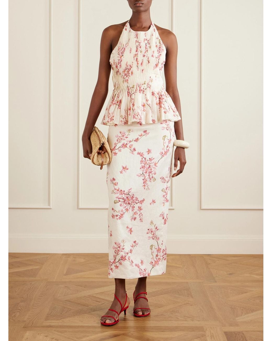 Agua Bendita Pink Pleated Floral-Printed Linen Blouse