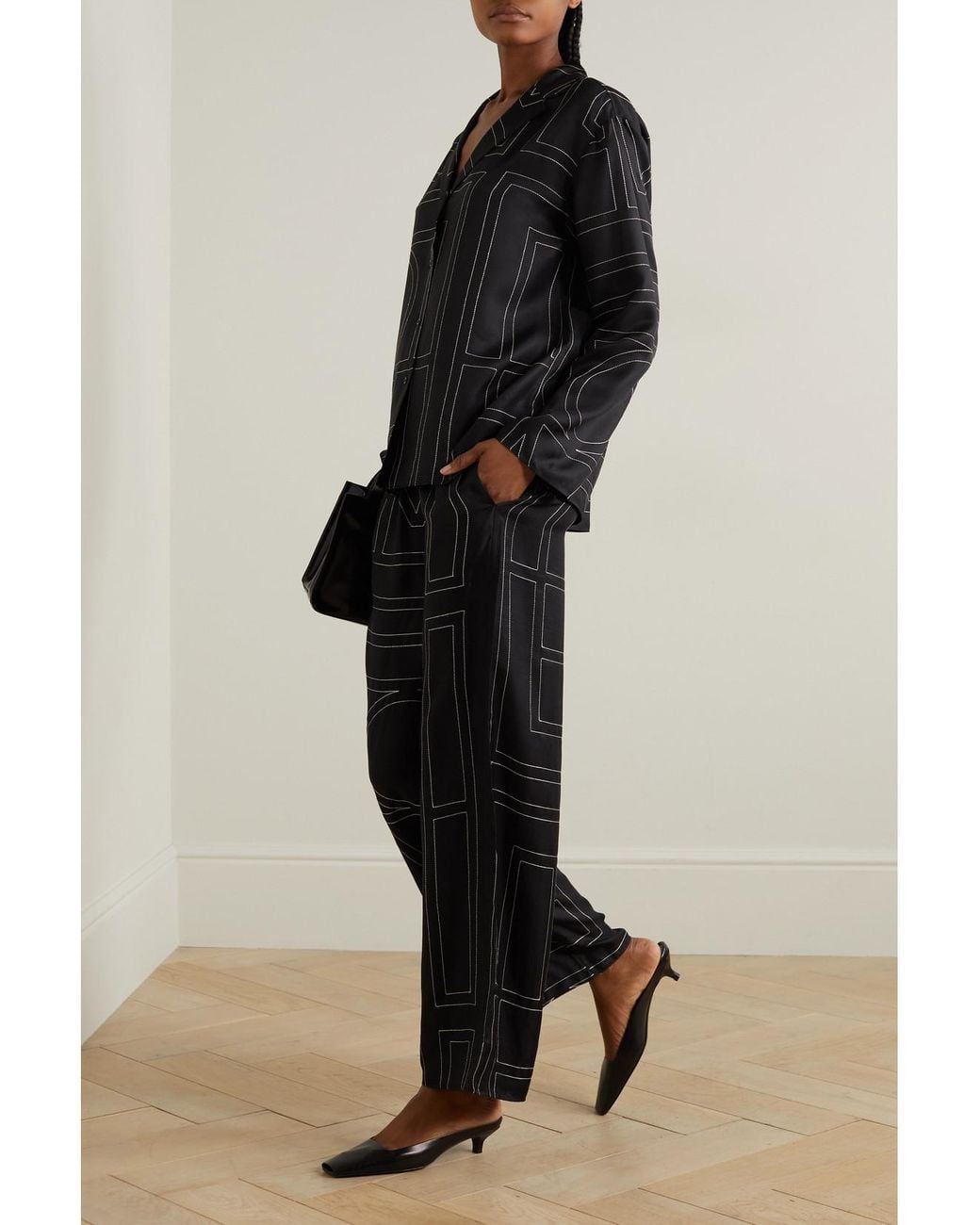 Totême  Black Embroidered Silk-Twill Wide-Leg Pants