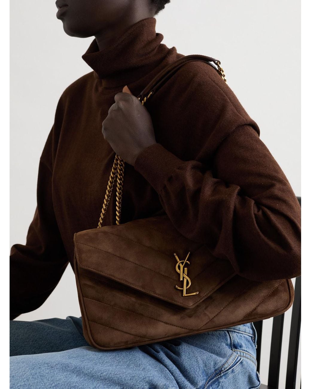 Saint Laurent Brown Loulou Matelassé Suede Shoulder Bag