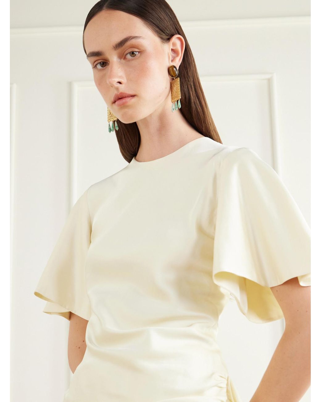 Abadia Natural Gathered Linen-Blend Satin Blouse