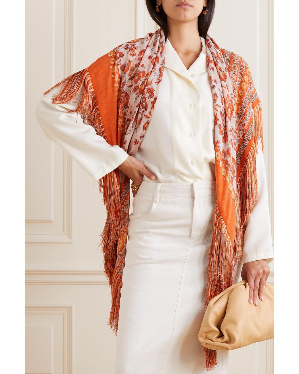 Loro Piana Fringed Floral-print Silk-georgette Shawl in Orange | Lyst Canada