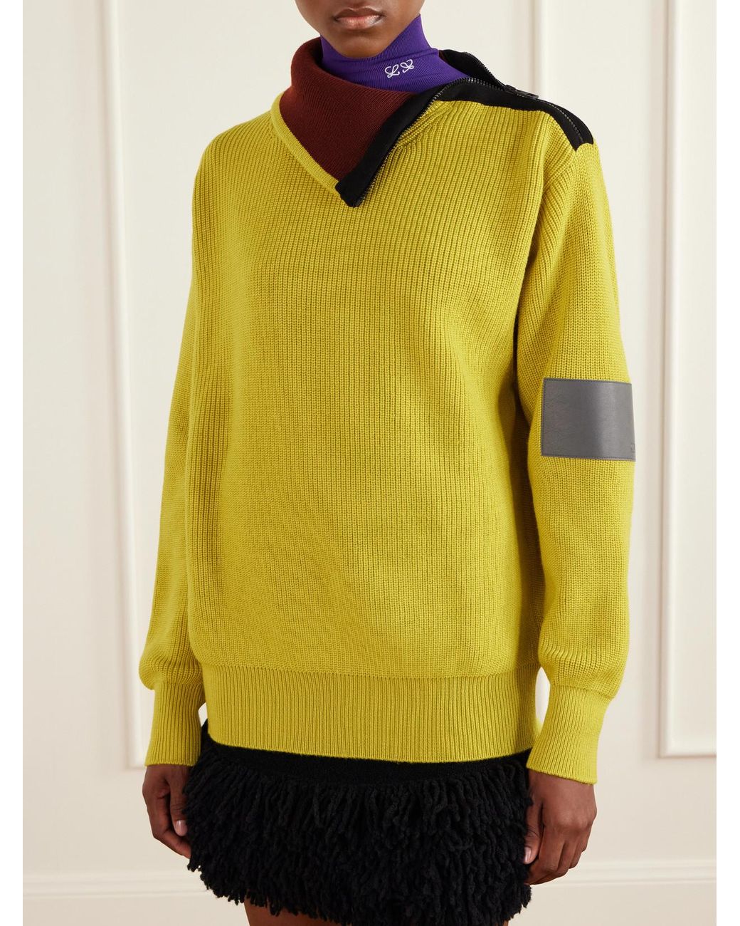 Loewe Yellow Zip-Detailed Leather-Trimmed Ribbed Wool-Blend Turtleneck Sweater