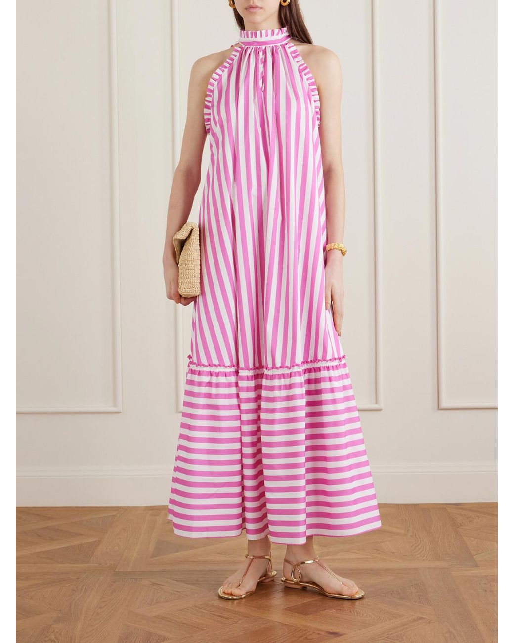 Loretta Caponi Pink Melinda Ruched Striped Cotton-Poplin Halterneck Maxi Dress