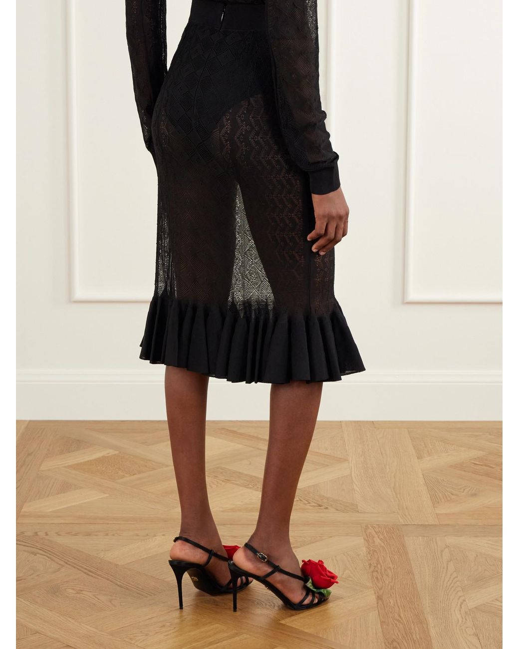 Dolce & Gabbana Black Ruffled Lace Midi Skirt