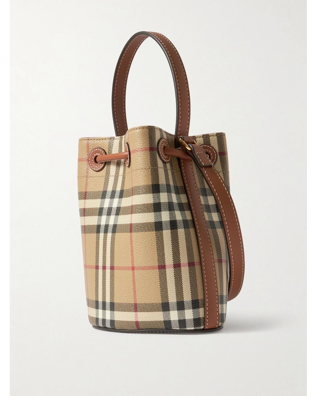 Burberry Natural Mini Leather-Trimmed Checked Bucket Bag