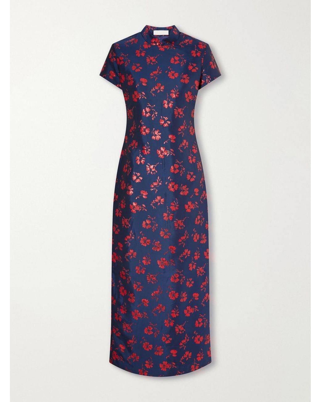 D'Estree Purple Celia Floral-Jacquard Taffeta Midi Dress