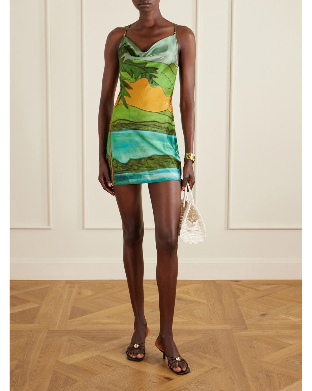 Donde Esteban Green Magdalena Draped Printed Silk-Blend Satin Mini Dress