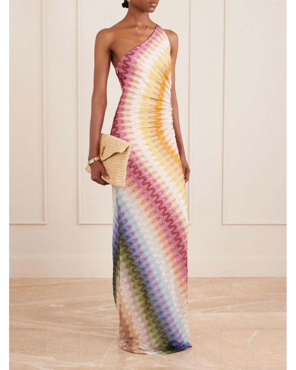 Missoni White One-Shoulder Striped Ruched Crochet-Knit Maxi Dress