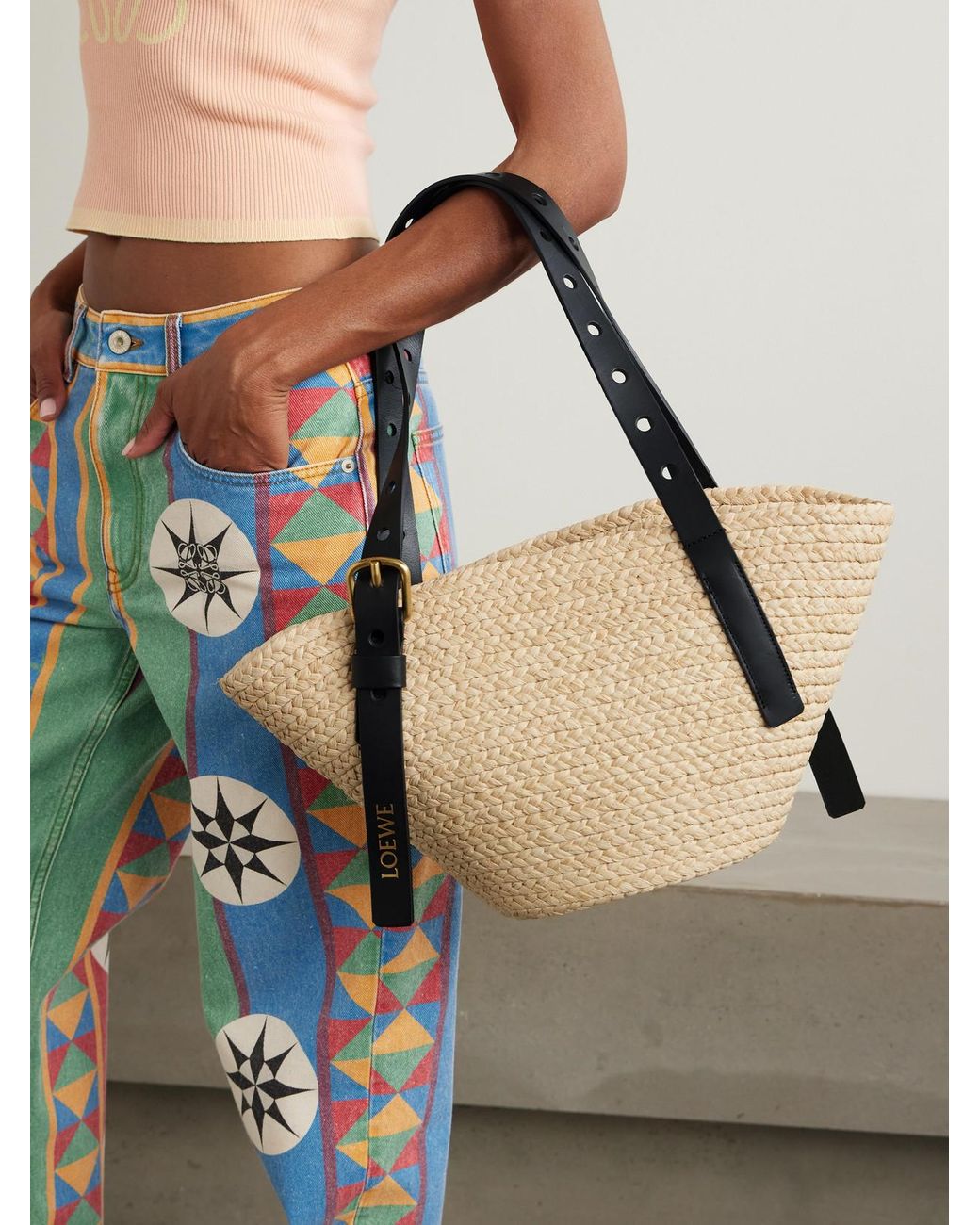 Loewe Natural Paula's Ibiza Punch Hole Small Leather-Trimmed Raffia Tote