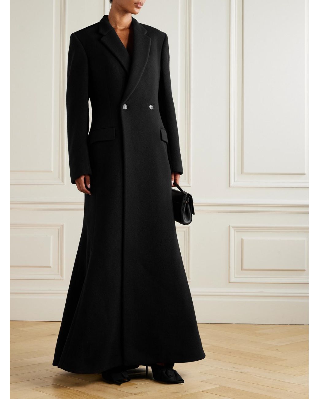 Balenciaga Black Double-Breasted Brushed Wool-Blend Coat