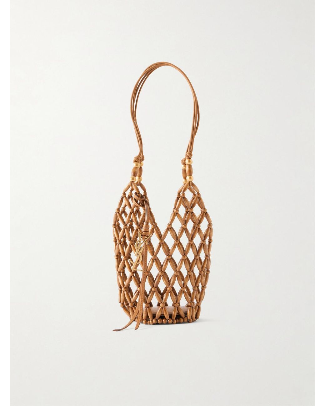 Saint Laurent White Cassandre Mini Beaded Wood Bucket Bag