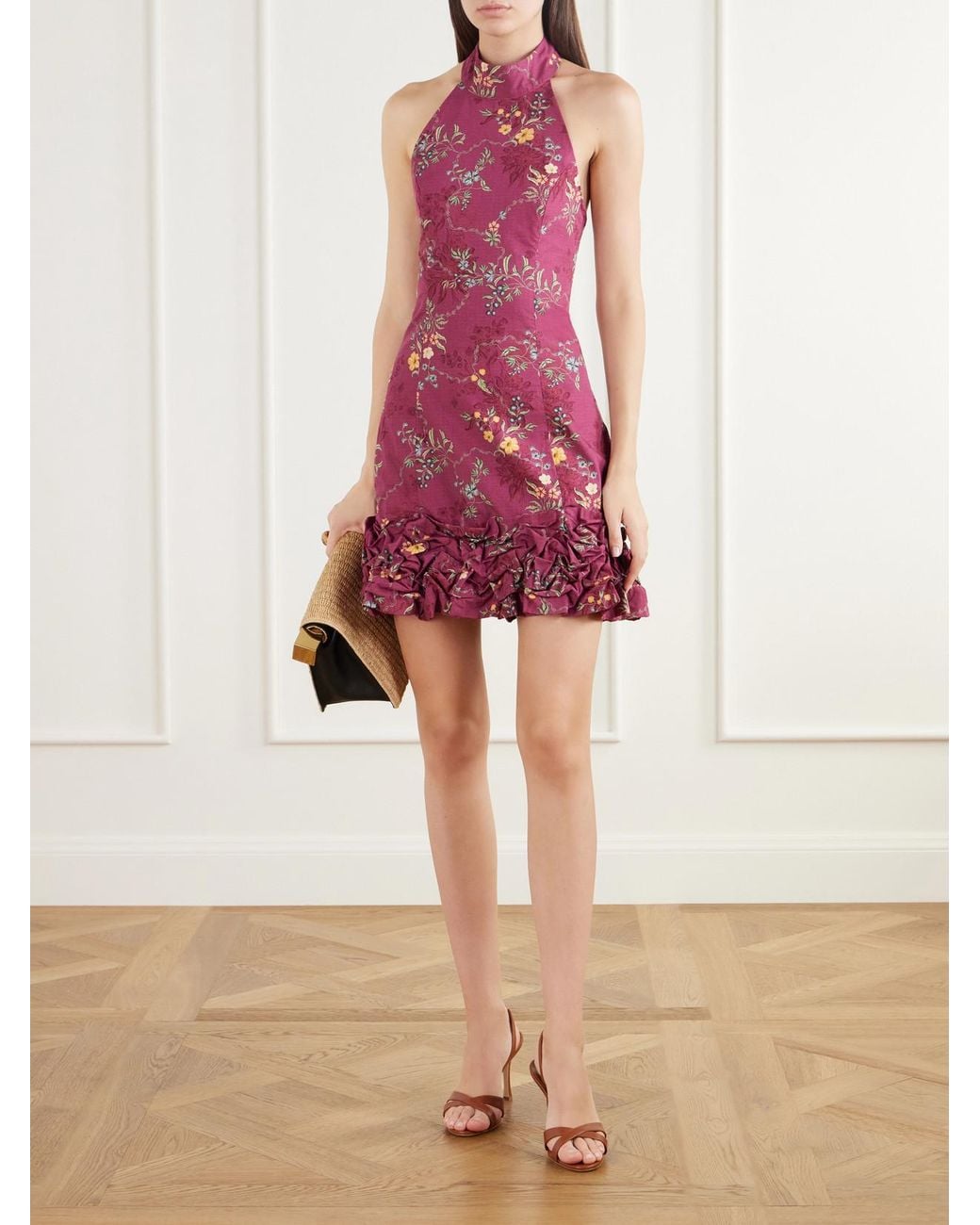 Agua Bendita Pink Cuenca Ruffled Floral-Print Cotton-Poplin Halterneck Mini Dress
