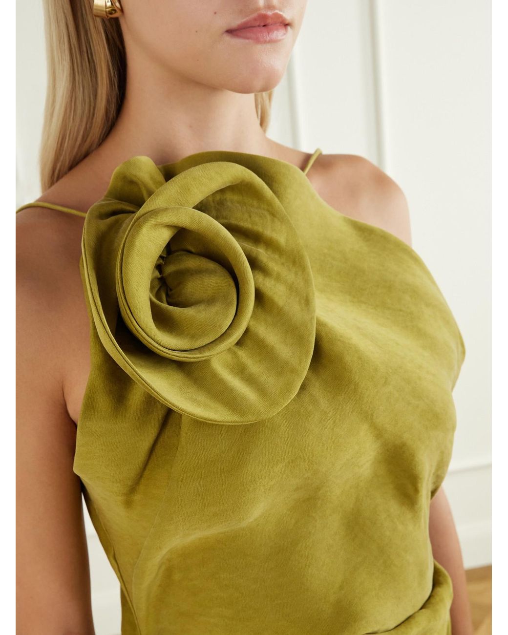 Magda Butrym Green Appliquéd Gathered Silk-Twill Halterneck Mini Dress