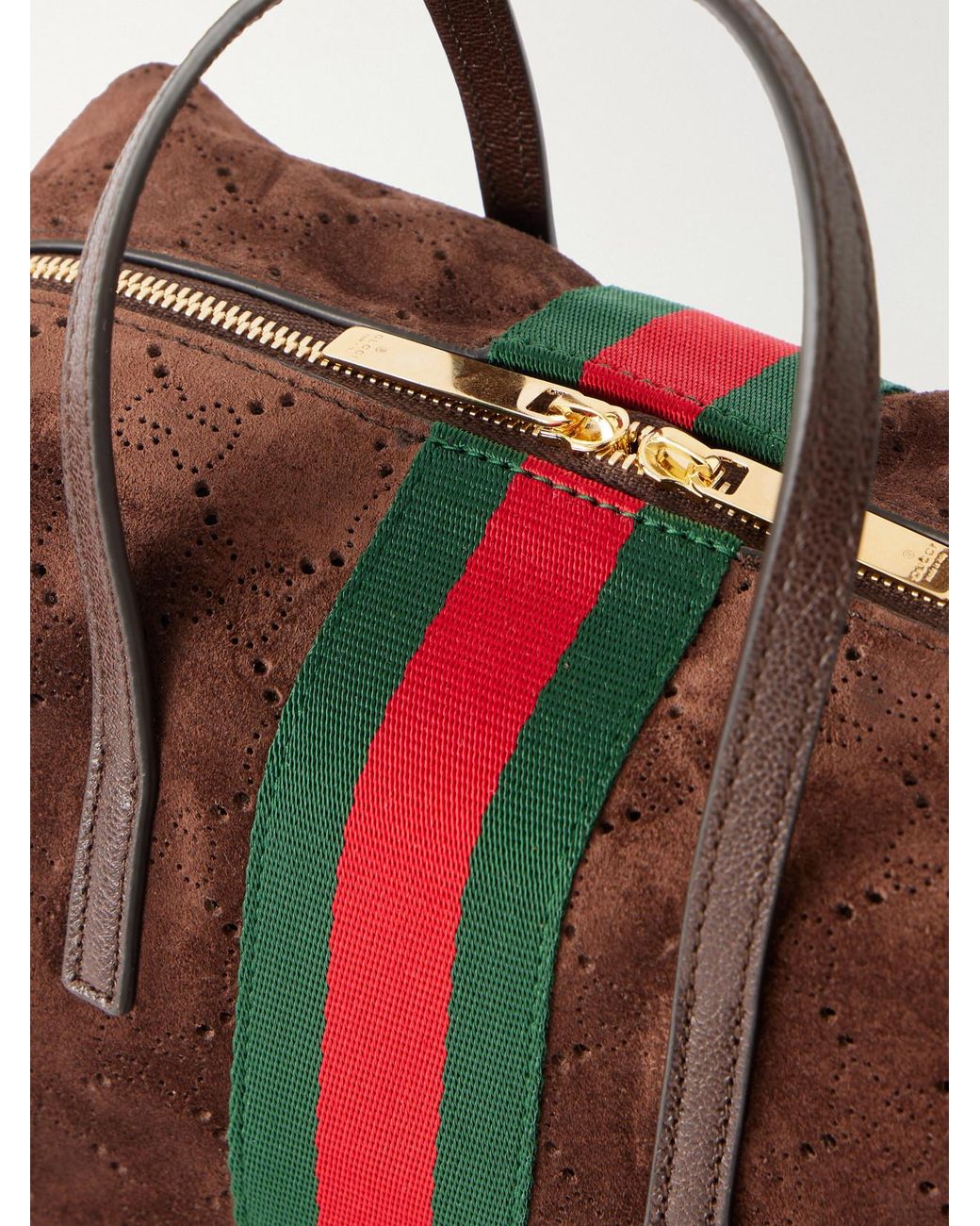 Gucci Red Essence Web And Leather-Trimmed Perforated Suede Shoulder Bag