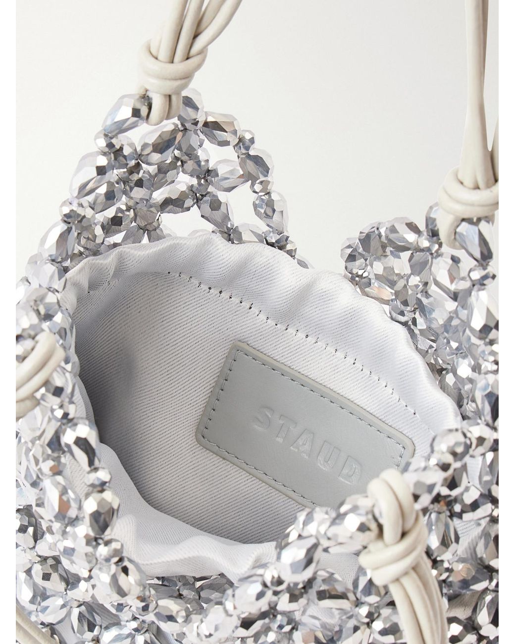 Staud White Kelly Leather-Trimmed Embellished Satin Shoulder Bag