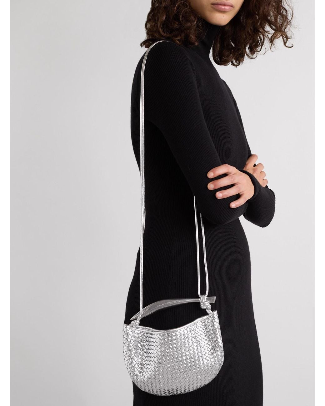 Bottega Veneta Gray Sardine Mini Intrecciato Metallic Leather Shoulder Bag