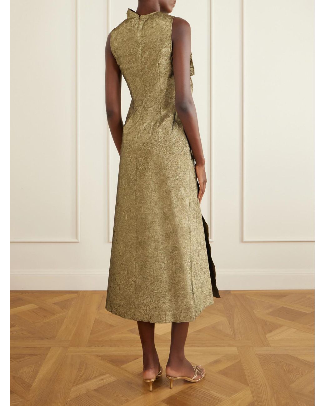 Ulla Johnson Natural Demetria Asymmetric Ruffled Metallic Taffeta Midi Dress