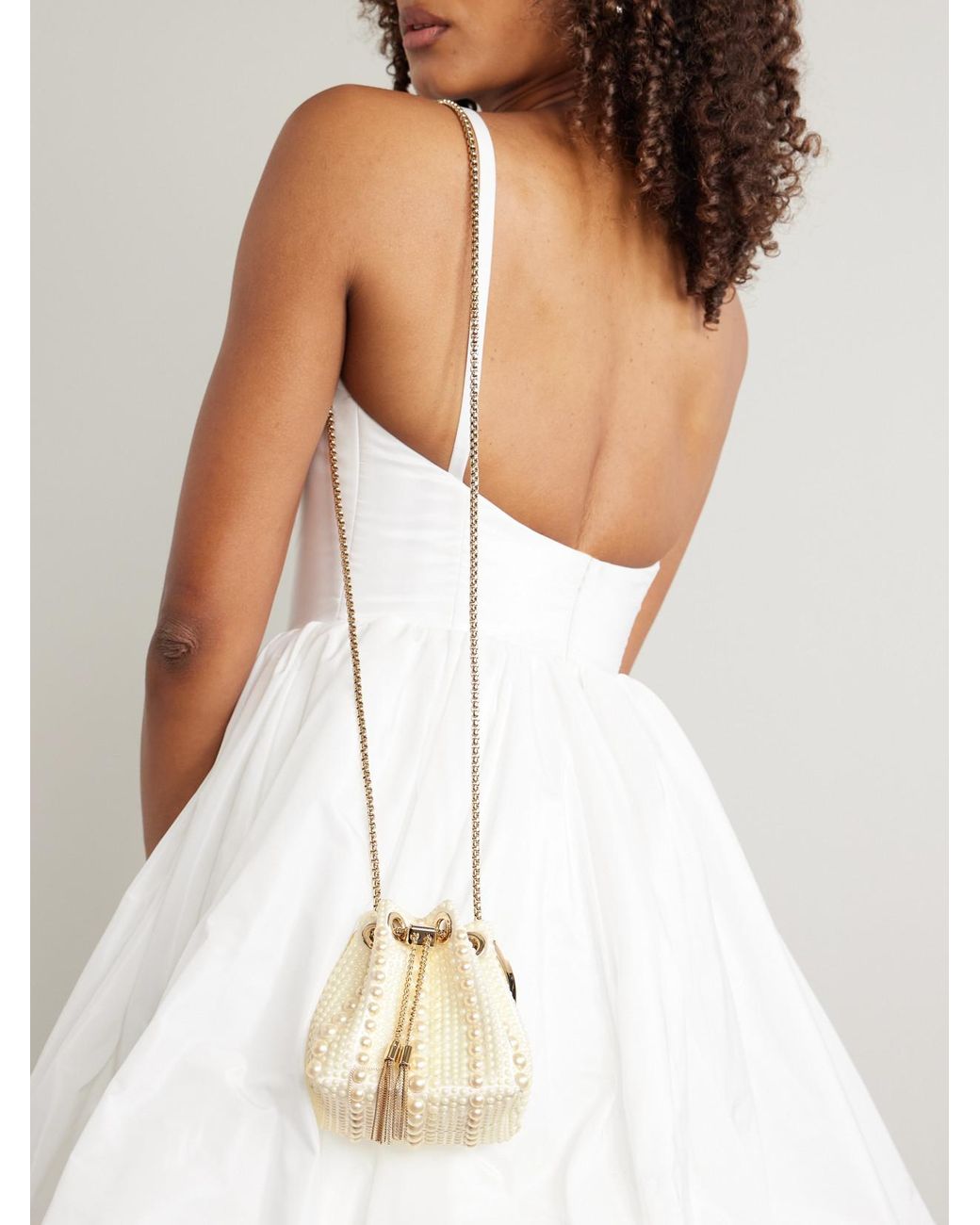 Jimmy Choo Natural Bon Bon Micro Embellished Satin Bucket Bag