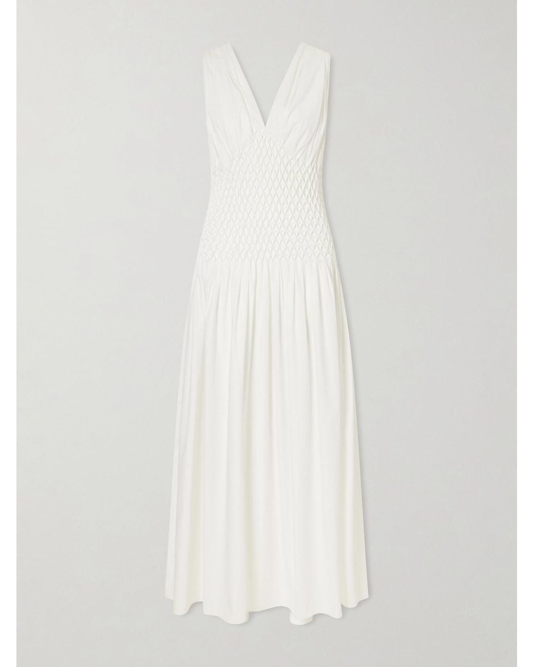 Khaite White Nola Smocked Cotton-Poplin Midi Dress