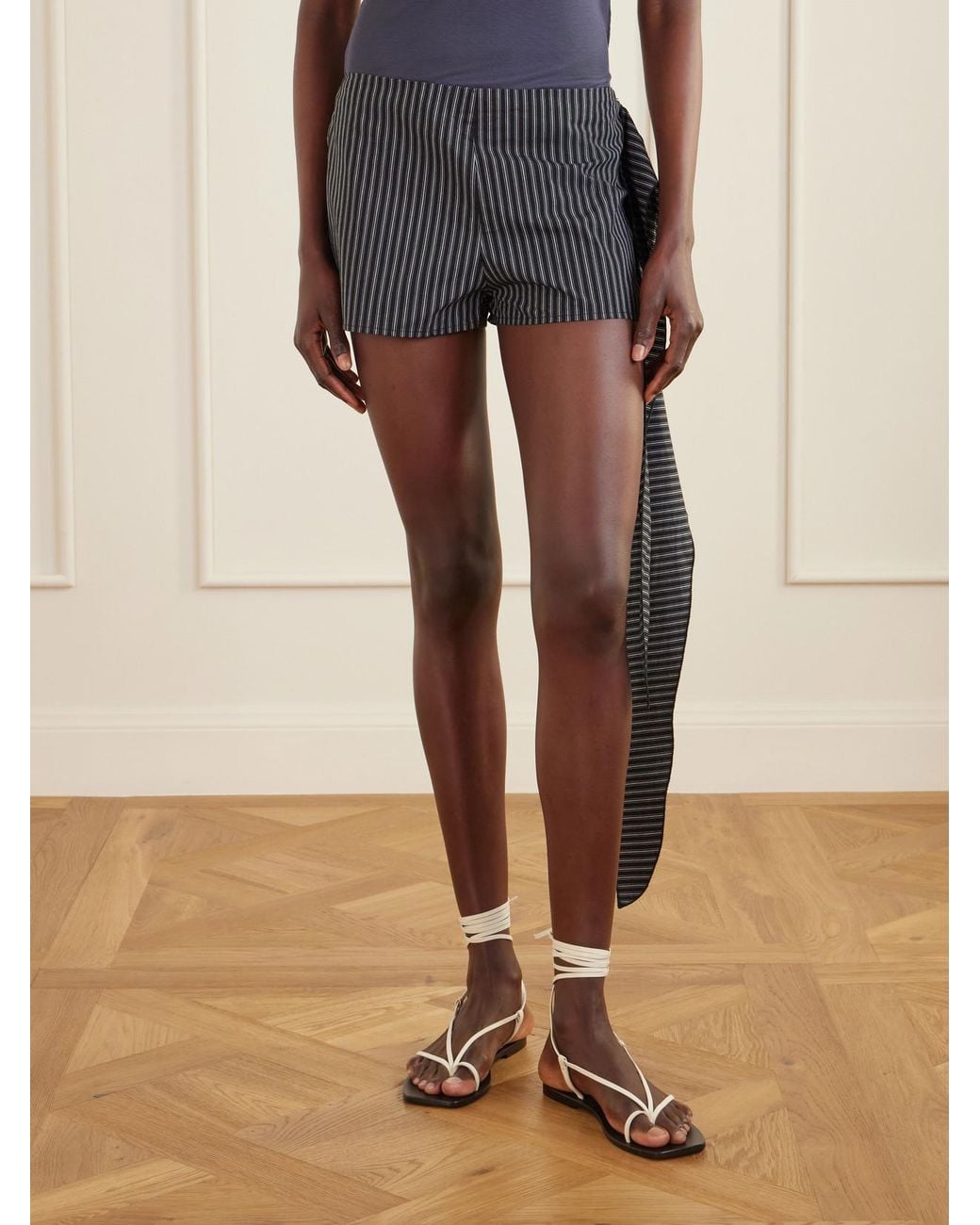 Deiji Studios Black Belted Striped Organic Cotton Shorts