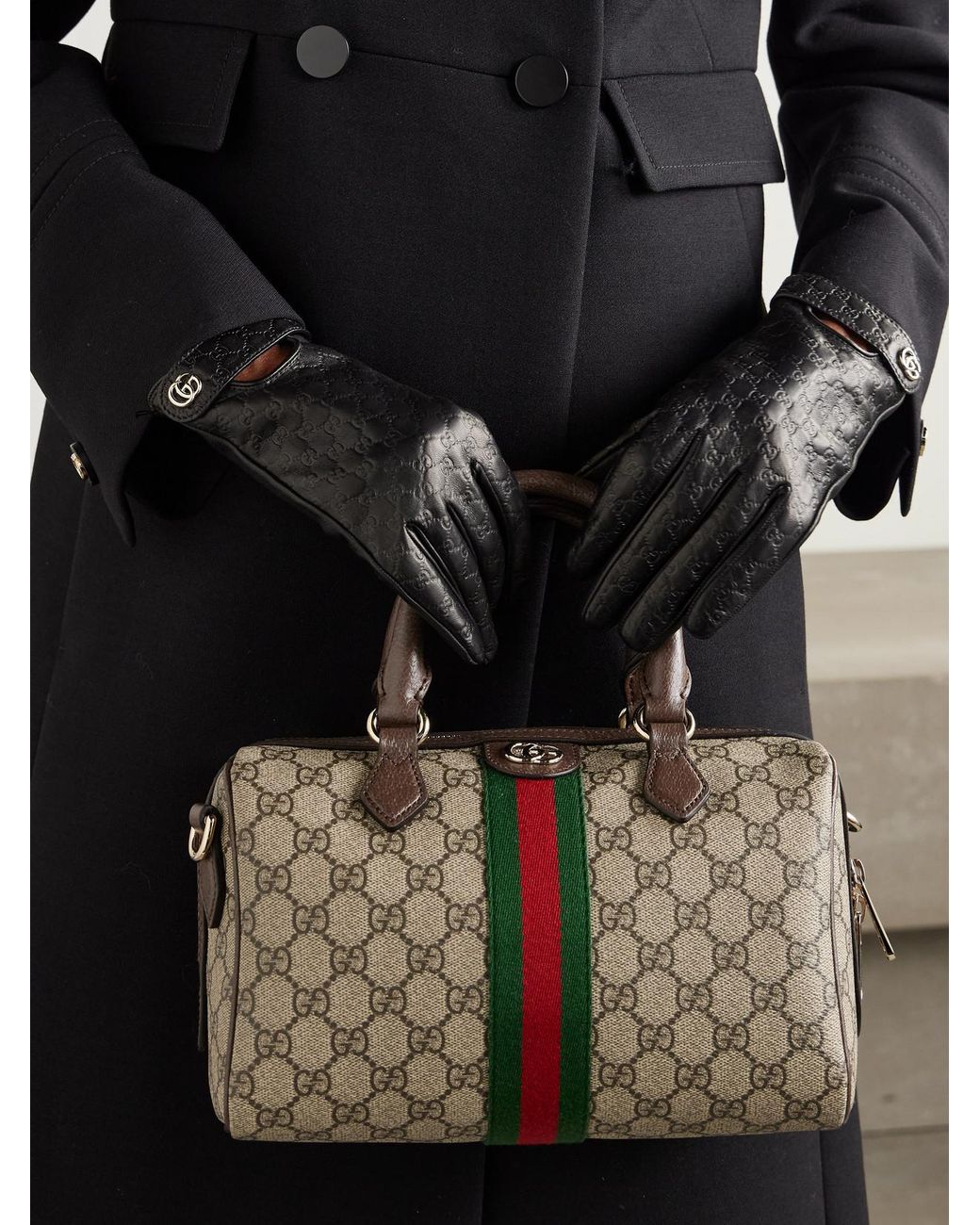 Gucci Black Debossed Leather Gloves