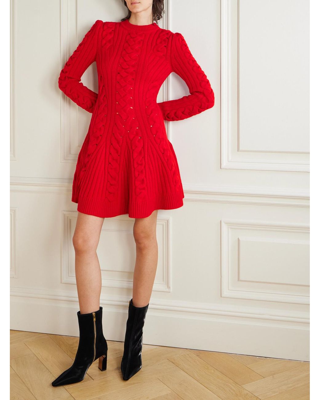 McQueen Ribbed And Cable-Knit Wool And Cashmere-Blend Mini Dress in Red |  Lyst