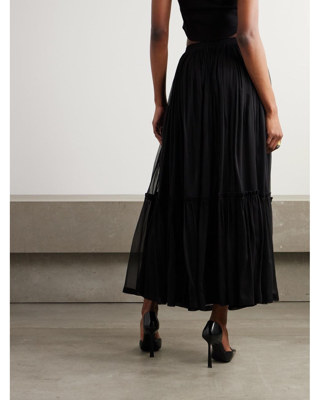 Saint Laurent Black Tiered Gathered Silk-Chiffon Maxi Skirt