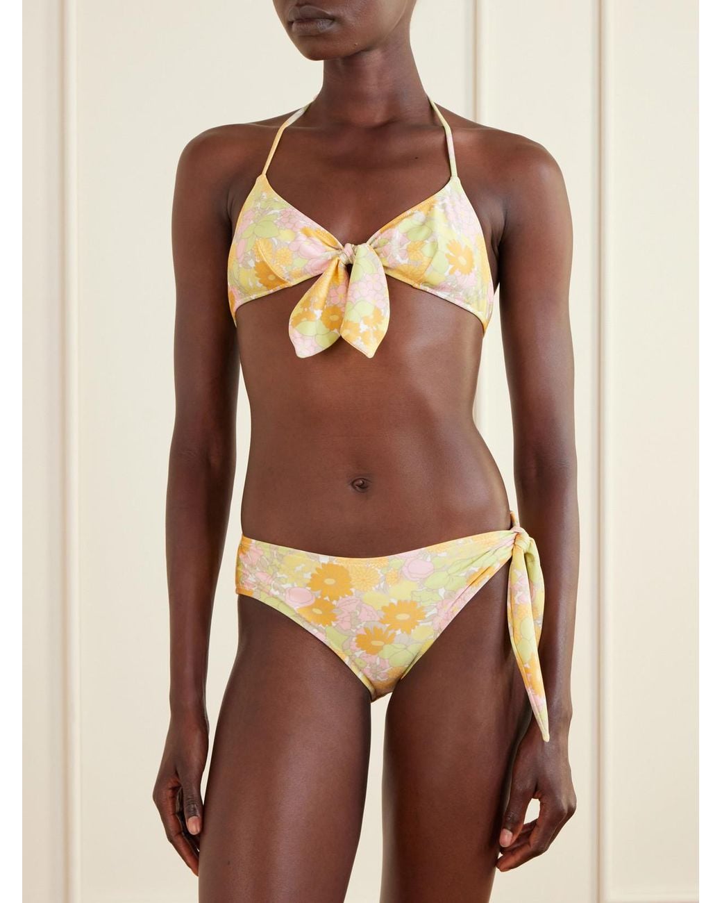 Chloé Metallic Knot-Detailed Floral-Print Bikini Top