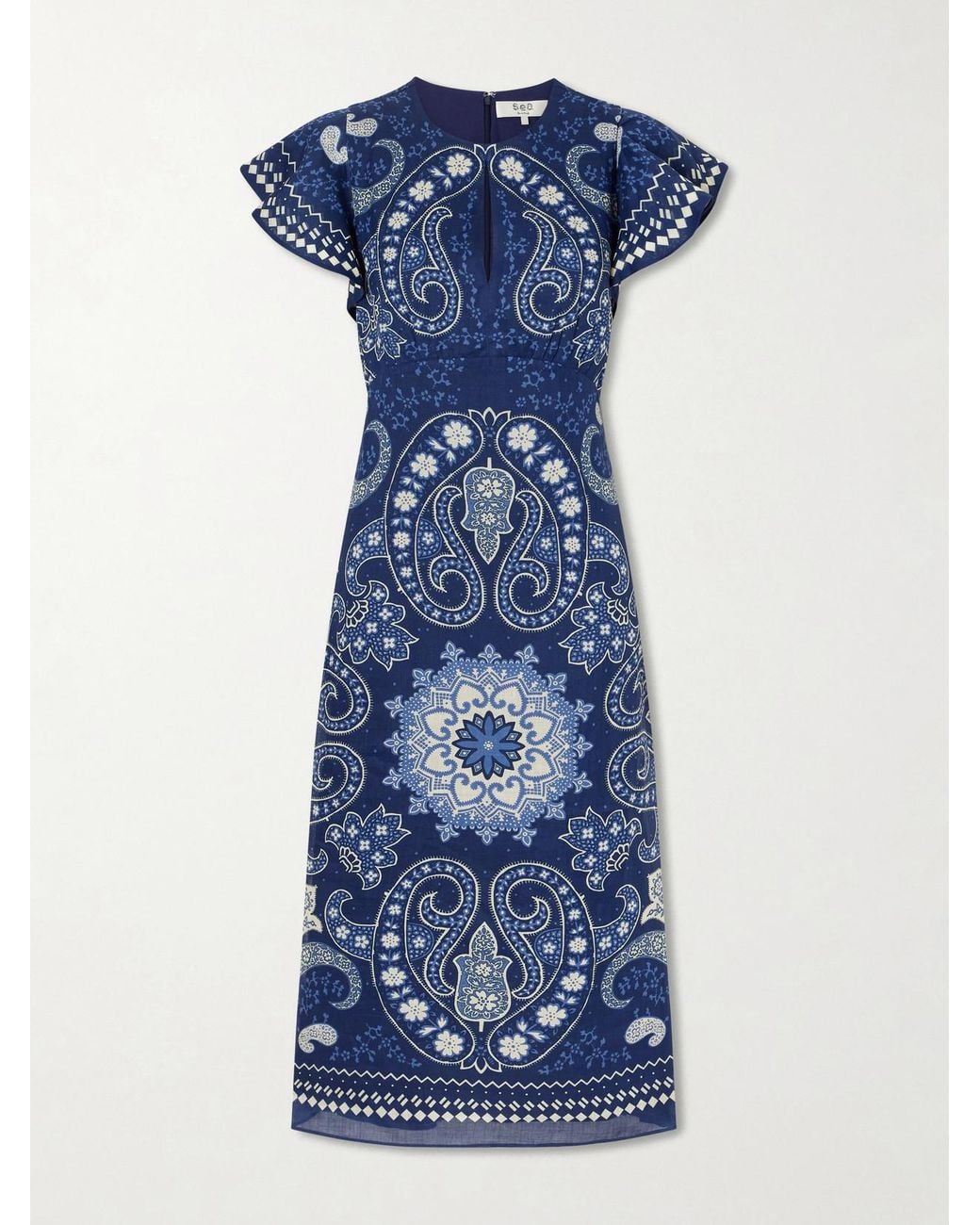 Sea Blue Emelina Paisley-Printed Ramie Midi Dress