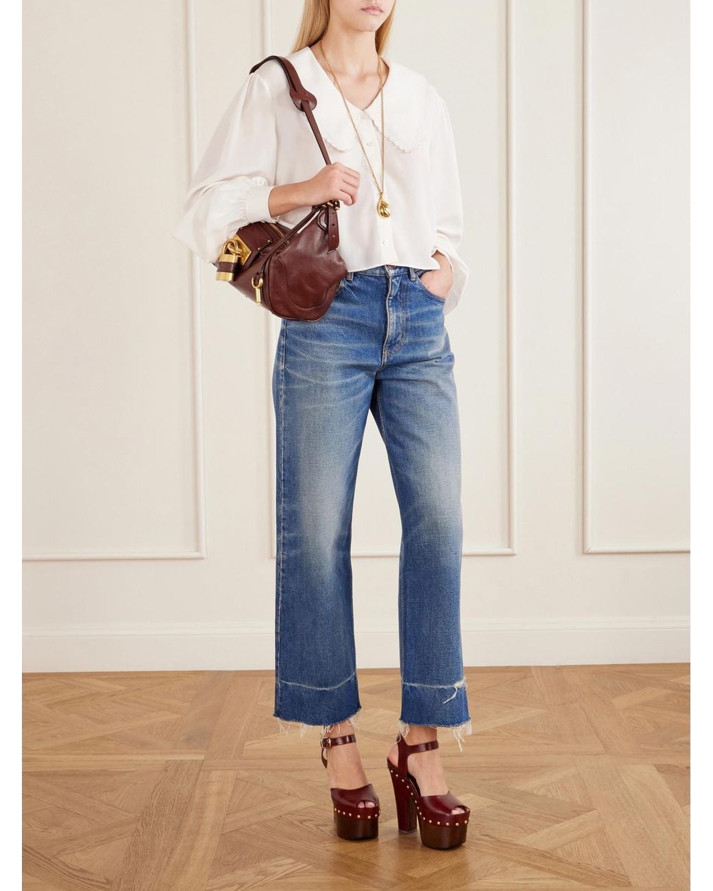 Chloé White Cropped Silk-Crepe De Chine Blouse