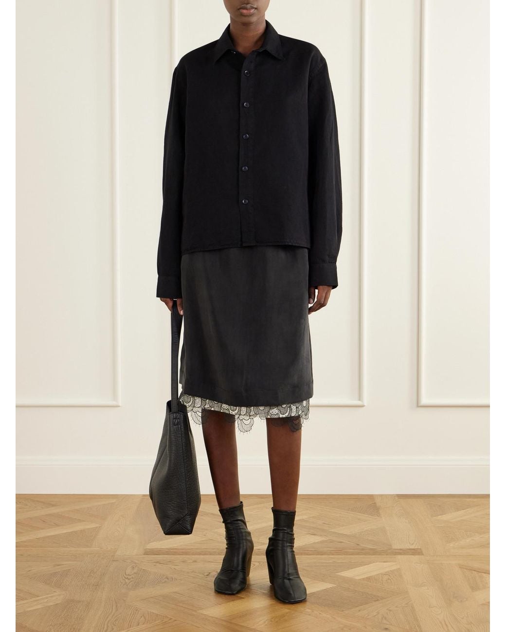 Studio Nicholson Black Alder Lace-Trimmed Lyocell-Twill Knee Skirt