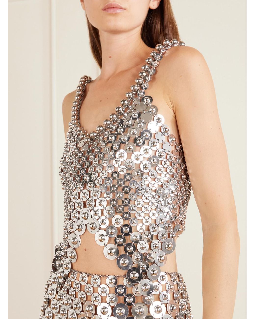 Rabanne White Sequined Bead-Embellished-Tone Chainmail Tank